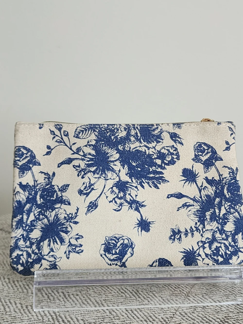 Ipsy Blue Floral Canvas Zip Pouch with Tassel